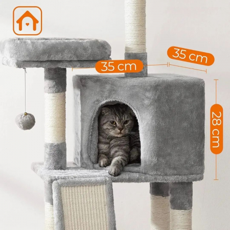 Ansamblu de Joacă pentru Pisici – Cat Tree 115 cm, 2 Culcușuri, Căsuță și Stâlpi cu Sisal, Gri engross [9]