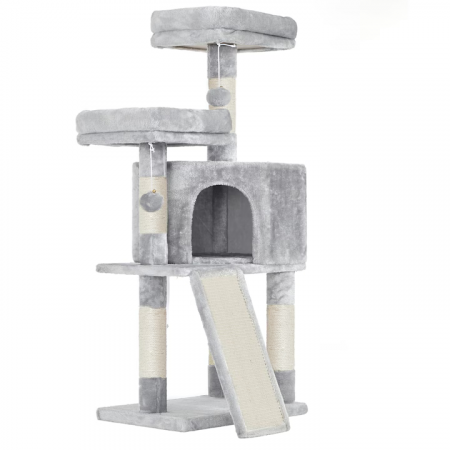 Pentru animale de companie - Ansamblu de Joacă pentru Pisici – Cat Tree 115 cm, 2 Culcușuri, Căsuță și Stâlpi cu Sisal, Gri engross