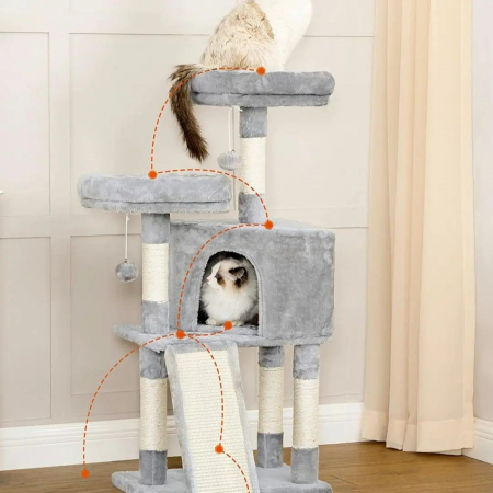 Ansamblu de Joacă pentru Pisici – Cat Tree 115 cm, 2 Culcușuri, Căsuță și Stâlpi cu Sisal, Gri engross [11]