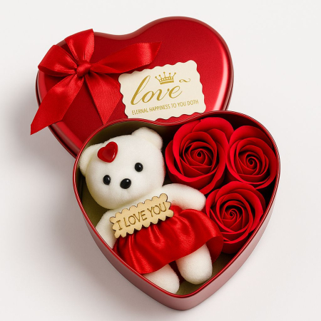 Aranjament Floral Mini cu 3 Trandafiri de Săpun și Ursuleț, 3 culori (albastru/rosu/rosu inchis)– Cadou pentru Crăciun și Ocazii Speciale engross [1]