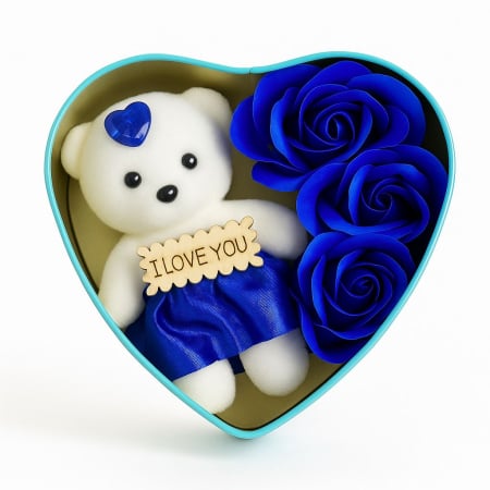 Flori de sapun parfumate engross - Aranjament Floral Mini cu 3 Trandafiri de Săpun și Ursuleț, 3 culori (albastru/rosu/rosu inchis)– Cadou pentru Crăciun și Ocazii Speciale engross
