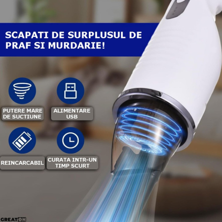 Aspirator Auto Reîncărcabil, Portabil, 80W, Filtru HEPA Lavabil, Alb/Negru, 41x9,5x19,5 cm, Acumulator 2000 mAh, Curățenie Rapidă și Eficientă [5]