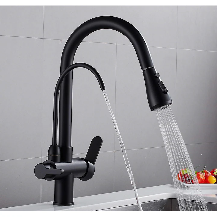 Casa si Bucatarie - Baterie Bucătărie 3 în 1 cu Robinet pentru Apă Filtrată, Jet Pulverizare 18 Inch, Negru engross