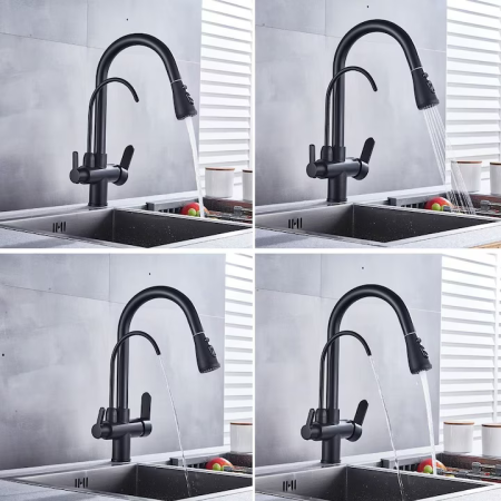 Baterie Bucătărie 3 în 1 cu Robinet pentru Apă Filtrată, Jet Pulverizare 18 Inch, Negru engross [3]