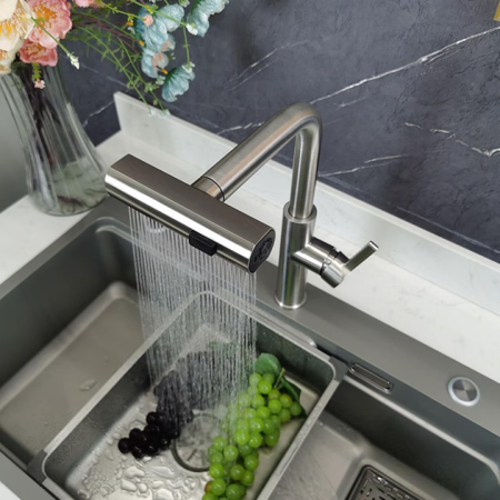 Baterie Bucătărie Premium cu Curgere Tip Cascadă, Jet sau Spray, Duș Extractibil, Oțel Inoxidabil, Design Modern – Gri engross [4]