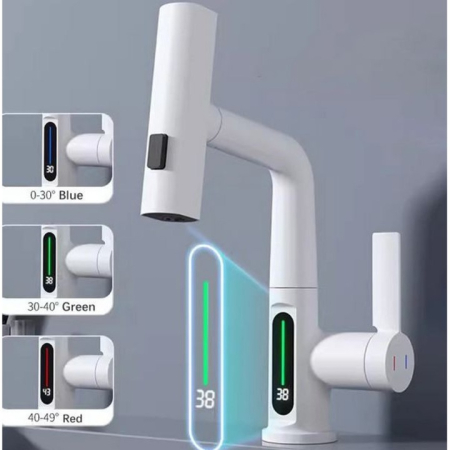 Baterie Lavoar/Bucătărie cu Duș Extractibil și Display LED Temperatură, 3 Moduri de Curgere, Alama Solidă, Alb/Gri engross [7]