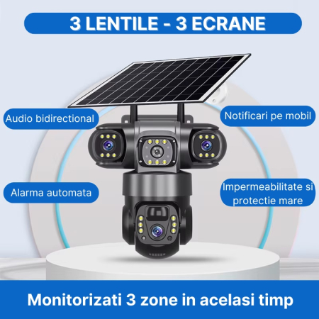 Cameră de securitate 4G cu 3 obiective și panou solar, rezoluție 6MP, vizualizare 360°, iluminare LED și alimentare solară [1]