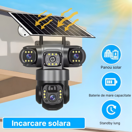 Cameră de securitate 4G cu 3 obiective și panou solar, rezoluție 6MP, vizualizare 360°, iluminare LED și alimentare solară [2]