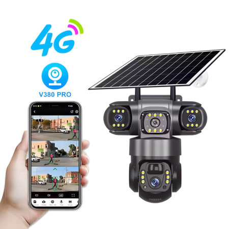 Cameră de securitate 4G cu 3 obiective și panou solar, rezoluție 6MP, vizualizare 360°, iluminare LED și alimentare solară [9]