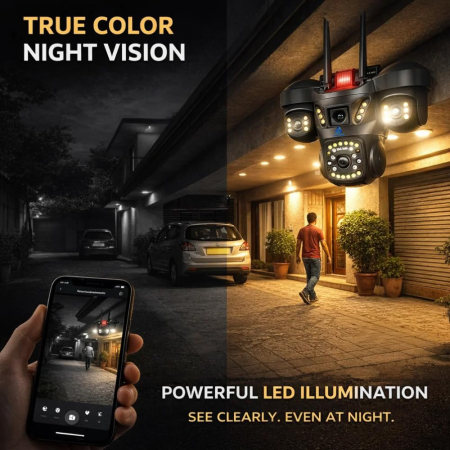 Cameră de securitate WiFi cu 3 lentile 5MP, PTZ 360°, afișare simultană pe 3 ecrane, vedere nocturnă color, detectare a mișcării, audio bidirecțional și protecție IP66 [5]