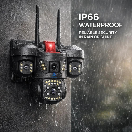 Cameră de securitate WiFi cu 3 lentile 5MP, PTZ 360°, afișare simultană pe 3 ecrane, vedere nocturnă color, detectare a mișcării, audio bidirecțional și protecție IP66 [2]