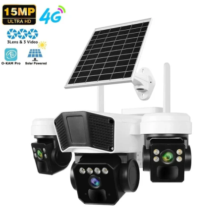Camere de supraveghere - Cameră de Supraveghere Triplă 4G cu Panou Solar 10W și Baterie 16.000 mAh, Ultra HD 15MP, PTZ 355°/180°, Zoom 10x, PIR + Radar, Audio Bidirecțional, IP66
