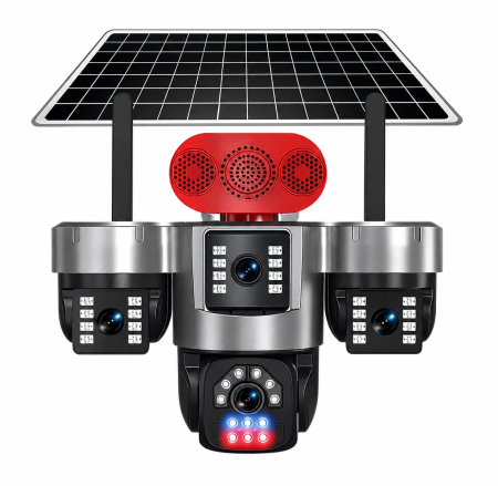 Camere de supraveghere - Cameră PTZ 4G LTE pentru exterior cu alimentare solară, 3 lentile și rotire 360°, Ultra HD 16K, detectare PIR cu AI, monitorizare de la distanță și înregistrare continuă 24/7