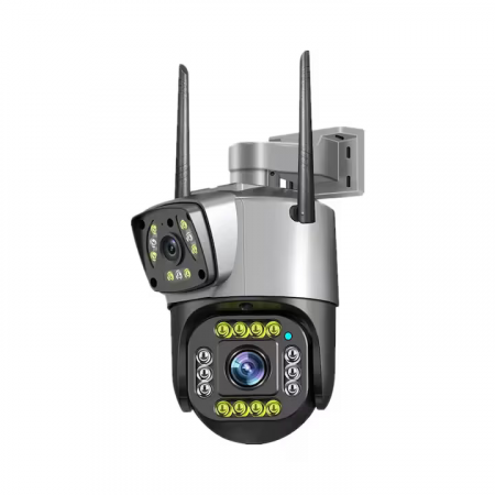 Camere de supraveghere - Camera supraveghere dubla, wireless, 2 lentile comunicare bidirectionala, cu aplicatie pentru Android, IOS si PC, gri/negru- engross