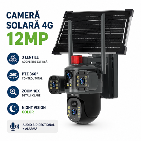 Cameră Supraveghere Solară 4G 12MP, 3 Lentile, PTZ 360°, Zoom 10X, Night Vision Color, Audio Bidirecțional, Alarmă, Manual în Limba Română [1]