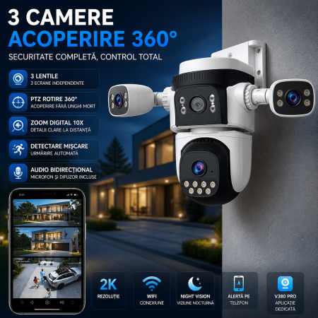 Cameră Supraveghere WiFi PTZ 2K, 3 Lentile cu Brațe Reglabile, 360°, Zoom 10X, Spotlight, Audio Bidirecțional [1]