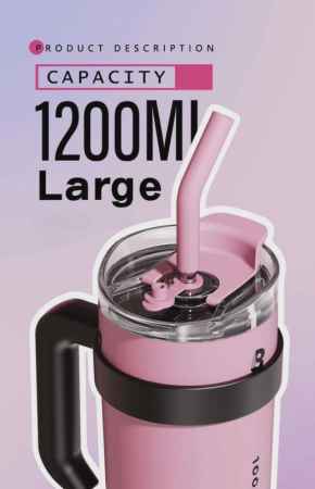 Cana Termos cu Maner și Capac cu Pai, 1200 ml, Perete Dublu, Termorezistentă, Oțel Inoxidabil, Rezistentă la Scurgeri, Manere Ergonomice, Compatibil Suport Auto, Roz [2]