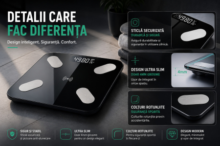 Cantar Corporal Inteligent Cu Aplicatie Telefon , De Baie, Electronic, Sticla Securizata, Design Elegant, Smart, Afisaj LCD, Negru engross [5]