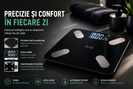 Cantar Corporal Inteligent Cu Aplicatie Telefon , De Baie, Electronic, Sticla Securizata, Design Elegant, Smart, Afisaj LCD, Negru engross [3]