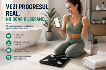 Cantar Corporal Inteligent Cu Aplicatie Telefon , De Baie, Electronic, Sticla Securizata, Design Elegant, Smart, Afisaj LCD, Negru engross [2]