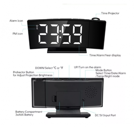 Ceas de masa DS-3621LP, afisaj si proiectie rosii, design usor curbat, Engross [2]