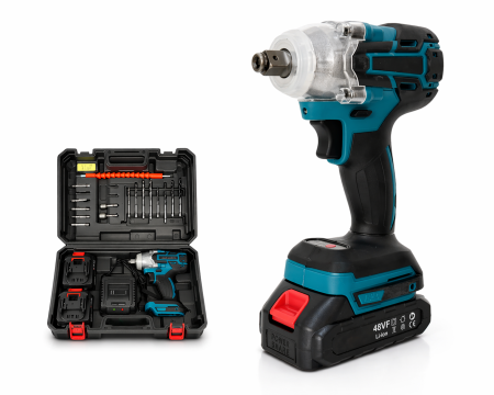 Scule Electrice si Unelte - Cheie de impact cu acumulator, 550 Nm, 48 V Li-Ion, Motor fără perii, 3 trepte viteză, 43 accesorii, Valiză