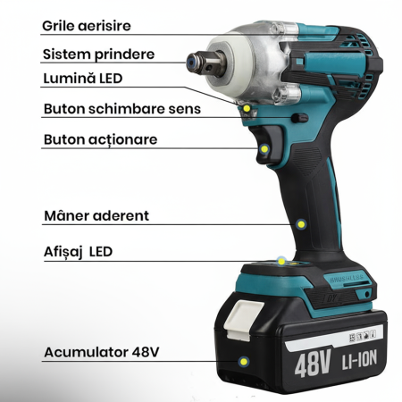 Cheie de impact cu acumulator, 550 Nm, 48 V Li-Ion, Motor fără perii, 3 trepte viteză, 43 accesorii, Valiză [4]