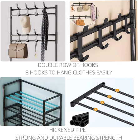 Cuier Multifuncțional cu 5 Rafturi pentru Pantofi și 8 Cârlige Duble – Organizator Modern pentru Hol [1]