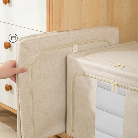 Cutie de Depozitare Pliabilă cu Fereastră și Fermoar Dublu, 66 L, Textil Premium Impermeabil, Cadru Metalic, 50×40×33 cm, Bej [7]