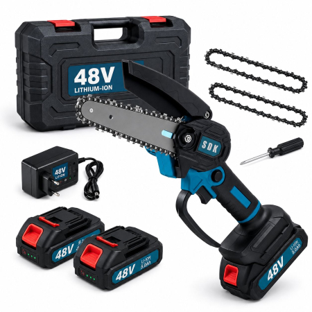 Scule Electrice si Unelte - Drujbă Electrică Multifuncțională 550W, 2 acumulatori 48V, lama 18 cm, cu 2 lanturi incluse – Compactă, Ergonomică, Fără Fir