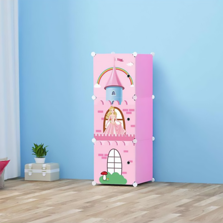 Rafturi, Organizatoare si Suporturi - Dulap Modular Castle Style, Plastic cu Schelet Metalic, Roz, 111x37x37 cm, Polipropilenă Durabilă, Stabil și Funcțional pentru Copii