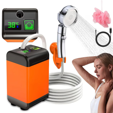 Casa si Bucatarie - Duș portabil camping 7800 mAh, display temperatură, 3 moduri jet, autonomie 180–200 min, încărcare USB