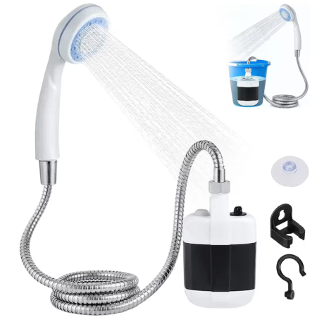 Casa si Bucatarie - Duș portabil electric pentru camping, baterie 2200 mAh, debit 4–5 L/min, furtun 1.5 m, reîncărcare USB, ABS, alb