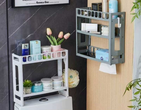 Rafturi, Organizatoare si Suporturi - Etajeră Baie din Plastic cu 2 Niveluri, Montaj pe Perete sau Independent, Design Compact, 30×33×12 cm