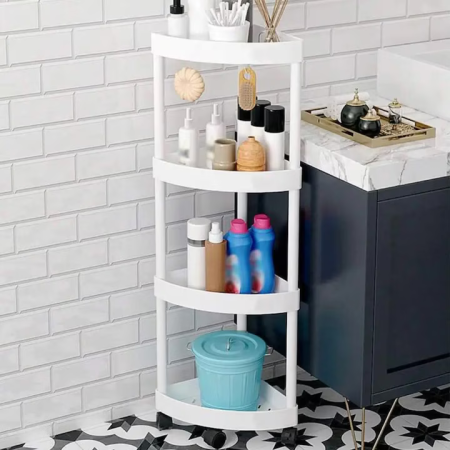 Rafturi, Organizatoare si Suporturi - Etajeră colț multifuncțională, 4 rafturi din plastic alb, picioare reglabile, design sigur și compact, 34×25×84 cm