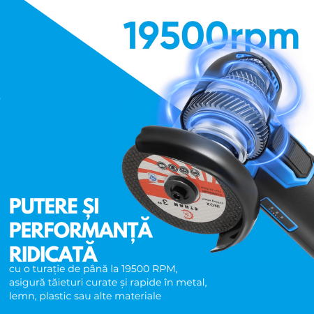 Flex Polizor cu 2 Acumulatori 48V, 19.500 RPM, 6 Discuri 76 mm, Albastru/Negru, Portabil și Profesional pentru Lucrări Precise [13]