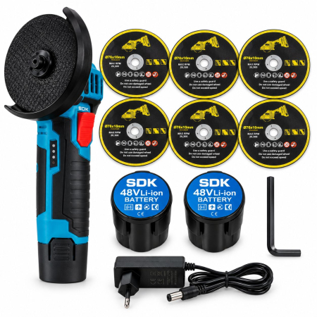 Scule Electrice si Unelte - Flex Polizor cu 2 Acumulatori 48V, 19.500 RPM, 6 Discuri 76 mm, Albastru/Negru, Portabil și Profesional pentru Lucrări Precise