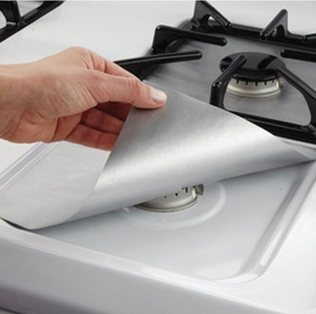 Set 4 Folii Teflon Reutilizabilă pentru Aragaz sau Plită, 27x27 cm, Rezistentă Termic -60°C până la 260°C, Argintiu, Grosime 0.3 mm [4]