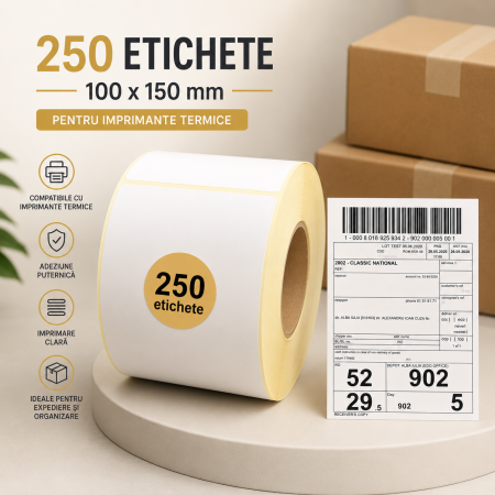 Ambalare si Consumabile - Hârtie Termică pentru Etichete 100 x 150 mm, Set 250 Etichete Autoadezive, Culoare Albă, Compatibilă cu Imprimante Termice, Ideală pentru AWB și Expediții