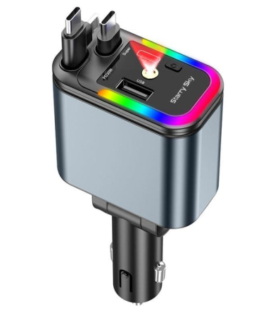 Accesorii auto - Încărcător Auto Premium  4-în-1, Rapid, RGB Ambient, USB-C 66W, Retractabil, Gri, Adaptator Multifuncțional pentru Mașină