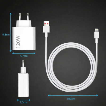 Încărcător cu Fir Super Rapid 120W, Universal 100-240V, Adaptor Alimentare USB lightning pentru Iphone Engross [2]