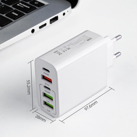 Încărcător de Rețea 120W, Quick Charge 3.0, 5 Porturi, 3 USB și 2 Type-C, Încărcare Rapidă pentru Telefon, Laptop și Tabletă, Compatibil Universal, Alb [3]