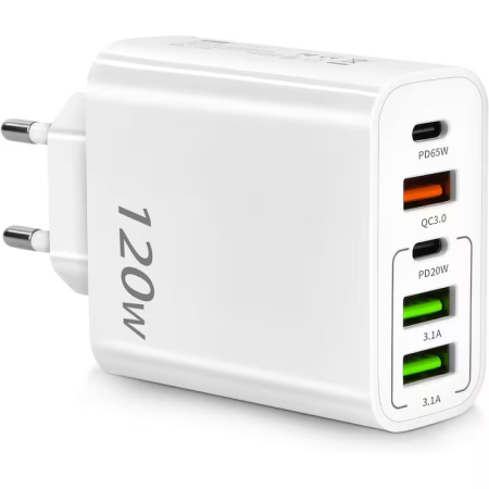 Accesorii Telefoane - Încărcător de Rețea 120W, Quick Charge 3.0, 5 Porturi, 3 USB și 2 Type-C, Încărcare Rapidă pentru Telefon, Laptop și Tabletă, Compatibil Universal, Alb