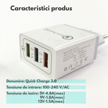Incarcator priza, USB multiplu, 3 porturi 2.1A, incarcare rapida, Quick Charge 3.0, alb engross [1]