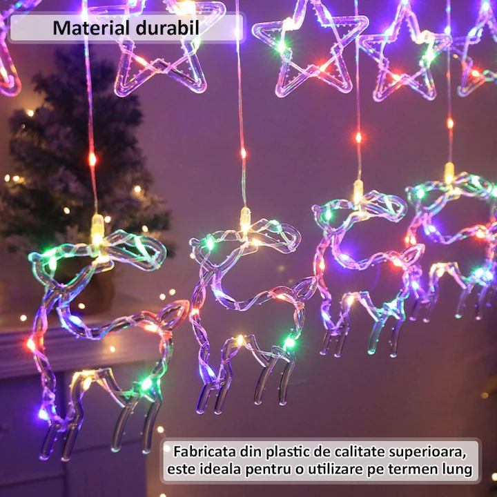 Instalație Perdea de Crăciun LED RGB 3m – Interconectabilă, 8 Moduri, Stele și Reni, Multicolor, cu Telecomandă engross [5]