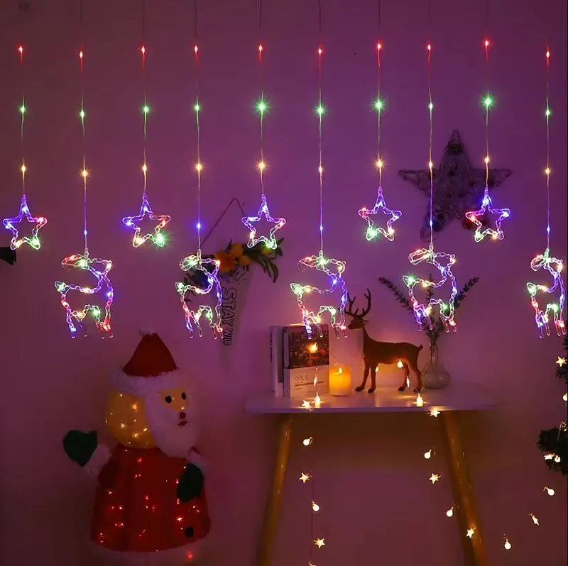 Magia Craciunului - Instalație Perdea de Crăciun LED RGB 3m – Interconectabilă, 8 Moduri, Stele și Reni, Multicolor, cu Telecomandă engross