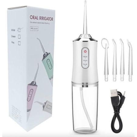 Aparate & Accesorii ingrijire personala - Irigator oral cu apă, 3 moduri curățare, Presiune reglabilă 40–105 PSI, 4 capete rotative 360°, IPX7, Alb