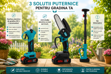 Kit 3 scule electrice pentru grădină, 48V cu acumulator - mini drujbă 6", foarfecă de tăiere electrică și tijă telescopică [2]