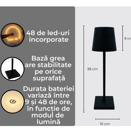 Lampă de Masă LED Touch Reîncărcabilă, 48 LED, 5W, 3 Temperaturi de Culoare, 5200 mAh, Negru, 36,5×10,5 cm engross [8]
