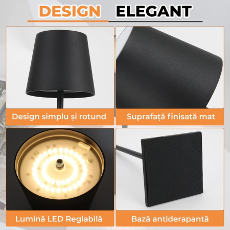 Lampă de Masă LED Touch Reîncărcabilă, 48 LED, 5W, 3 Temperaturi de Culoare, 5200 mAh, Negru, 36,5×10,5 cm engross [1]